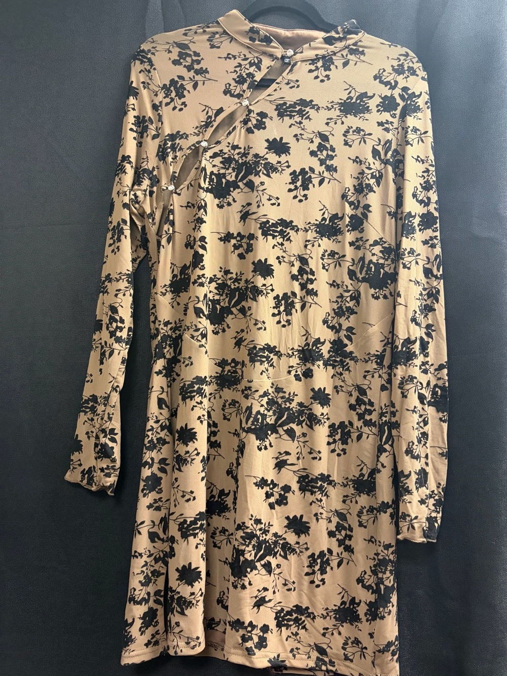 Fashion Nova Beige Dress with Black Floral Print - Long Sleeve